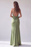 Sirena verde fruncida, tirantes cruzados, vestido formal largo