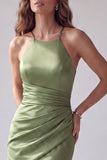 Sirena verde fruncida, tirantes cruzados, vestido formal largo
