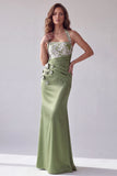 Vestido formal formal de Mérimíida verde con aplique florales con halteres fruncidos