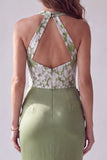 Vestido formal formal de Mérimíida verde con aplique florales con halteres fruncidos