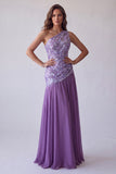 Vestido formal de bordado floral morado de línea A de un hombro largo