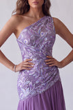 Vestido formal de bordado floral morado de línea A de un hombro largo