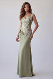 Vestido formal de sirena floral 3D verde claro de manga fruncida