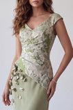 Vestido formal de sirena floral 3D verde claro de manga fruncida