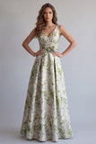 Vestido formal Jacquard de línea A verde claro con flores fruncidas y flor 3D
