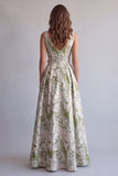 Vestido formal Jacquard de línea A verde claro con flores fruncidas y flor 3D