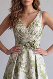 Vestido formal Jacquard de línea A verde claro con flores fruncidas y flor 3D