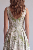 Vestido formal Jacquard de línea A verde claro con flores fruncidas y flor 3D
