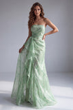 Vestido formal verde sin tirantes floral floral sirena con volantes