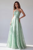 Vestido formal largo de organza floral A-line con halter verde