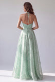 Vestido formal largo de organza floral A-line con halter verde
