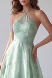 Vestido formal largo de organza floral A-line con halter verde