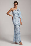 Vestido largo de madre de la novia de sirena azul cielo de un hombro