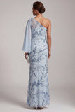 Vestido largo de madre de la novia de sirena azul cielo de un hombro