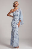 Vestido largo de madre de la novia de sirena azul cielo de un hombro