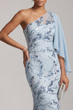 Vestido largo de madre de la novia de sirena azul cielo de un hombro