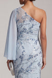 Vestido largo de madre de la novia de sirena azul cielo de un hombro