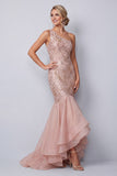 Vestido largo de madre de la novia con lentejuelas rosas de un hombro y volantes