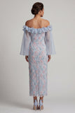 Vestido largo de madre de la novia, bodycon color azul polvoriento, con cuentas y contas y volantes