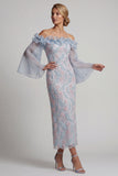Vestido largo de madre de la novia, bodycon color azul polvoriento, con cuentas y contas y volantes