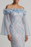 Vestido largo de madre de la novia, bodycon color azul polvoriento, con cuentas y contas y volantes