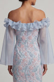 Vestido largo de madre de la novia, bodycon color azul polvoriento, con cuentas y contas y volantes