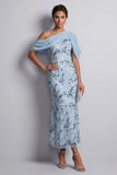 Vestido largo de madre de la novia azul celeste, bodycon con lentejuelas de un solo hombro