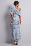 Vestido largo de madre de la novia azul celeste, bodycon con lentejuelas de un solo hombro