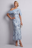 Vestido largo de madre de la novia azul celeste, bodycon con lentejuelas de un solo hombro