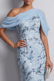 Vestido largo de madre de la novia azul celeste, bodycon con lentejuelas de un solo hombro