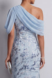 Vestido largo de madre de la novia azul celeste, bodycon con lentejuelas de un solo hombro