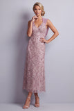 Vestido vintage malva con escote halter, lentejuelas y floral largo de madre de novia