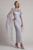 Vestido largo de madre de la novia, color floral azul polvoriento con un solo hombro con cuentas y volantes