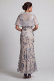 Vestido largo de madre de la novia con lentejuelas florales de sirena plateada y lentejuelas largas de la novia
