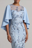 Bodycon Sky Blue Sky con lentejuelas de cuello redondo y vestido floral de madre de la novia con mangas capa