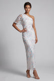 Vestido de madre de la novia con lentejuelas blancas con lentejuelas florales de un hombro largo