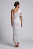 Vestido de madre de la novia con lentejuelas blancas con lentejuelas florales de un hombro largo