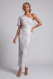 Vestido de madre de la novia con lentejuelas blancas con lentejuelas florales de un hombro largo