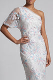 Vestido de madre de la novia con lentejuelas blancas con lentejuelas florales de un hombro largo