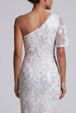 Vestido de madre de la novia con lentejuelas blancas con lentejuelas florales de un hombro largo