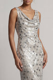 Vestido largo de sirena de sirena con cuello de capucha plateado brillante