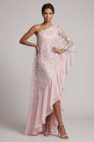 Vestido largo de madre de la novia rosa de un solo hombro con lentejuelas y volantes largos