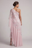 Vestido largo de madre de la novia rosa de un solo hombro con lentejuelas y volantes largos