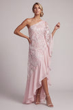 Vestido largo de madre de la novia rosa de un solo hombro con lentejuelas y volantes largos