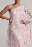 Vestido largo de madre de la novia rosa de un solo hombro con lentejuelas y volantes largos