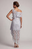 Vestido de una hombro con lentejuelas gris claro sirena asimétrica floral de madre de novia con fajilla