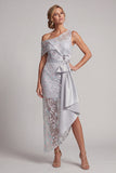 Vestido de una hombro con lentejuelas gris claro sirena asimétrica floral de madre de novia con fajilla