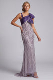 Vestido largo de madre de la novia con lazos morados de sirena y bolsillos