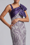 Vestido largo de madre de la novia con lazos morados de sirena y bolsillos