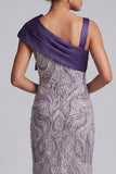 Vestido largo de madre de la novia con lazos morados de sirena y bolsillos
